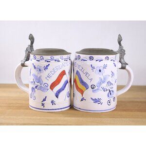 Antique Delft Pottery Beer Steins, Royal Goedewaagen Gouda tankard, Nederland